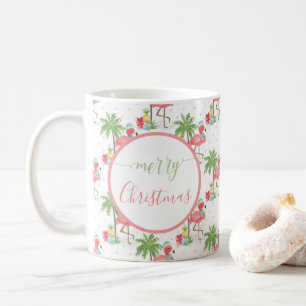 Tropical Pink Christmas Flamingo Blue Santa Hat Coffee Mug