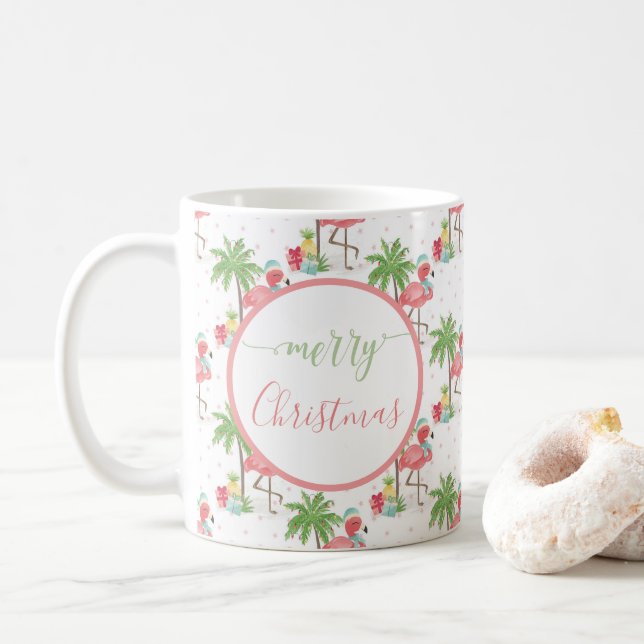 Tropical Pink Christmas Flamingo Blue Santa Hat Coffee Mug (With Donut)
