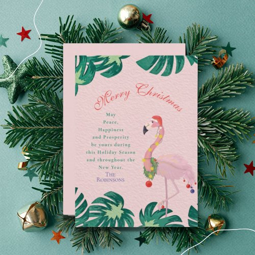 Tropical Pink Christmas Flamingo Santa Hat Baubles Holiday Card