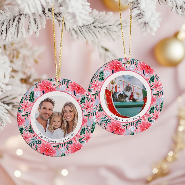 Tropical Pink Christmas Floral 2 Family Photos Ceramic Ornament (Pink Tropical Floral Christmas two sided photo ornament)