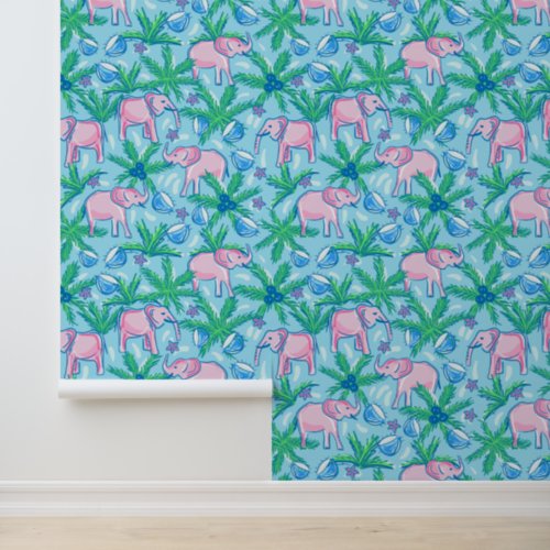 Tropical Pink Elephant Palm Leaves Preppy Wallpaper