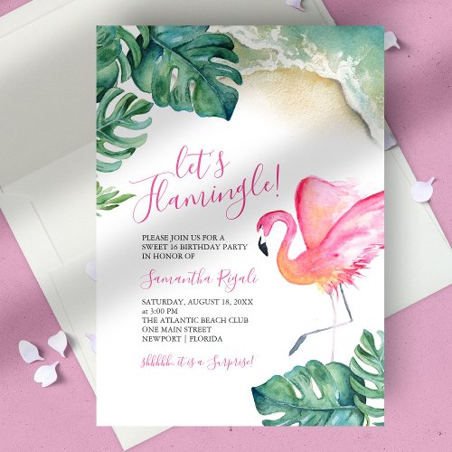 Tropical Pink Flamingo 16th Birthday Party Invitation