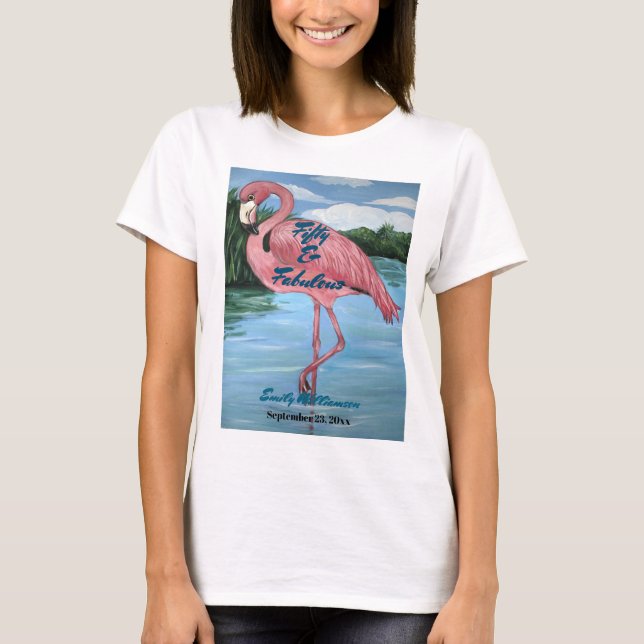 Tropical Pink Flamingo 50th Fabulous Birthday T-Shirt (Front)