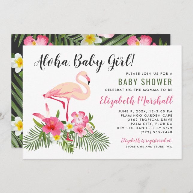 Tropical Pink Flamingo Aloha Baby Girl Shower Invitation (Front/Back)