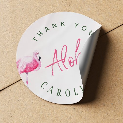 Tropical pink flamingo Aloha birthday thank you Classic Round Sticker