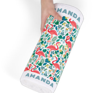 Tropical Pink Flamingo an tropical leaves pattern Beach Towel