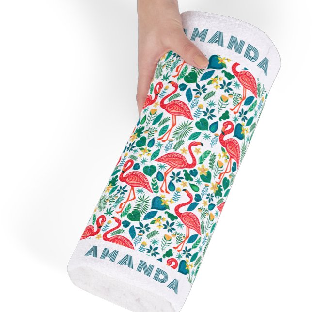 Tropical Pink Flamingo an tropical leaves pattern Beach Towel (Creator Uploaded)