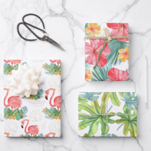 Tropical Pink Flamingo And Flowers Wrapping Paper Sheets