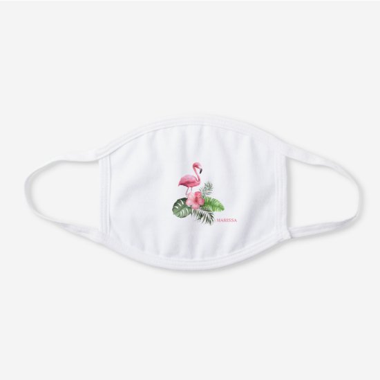 Tropical Pink Flamingo and Hibiscus Monogram White Cotton Face Mask