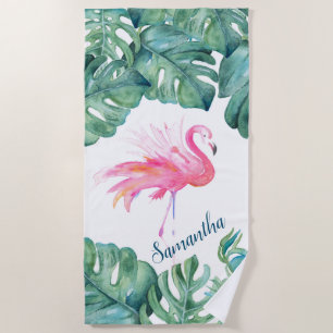 Tropical Pink Flamingo and Palm Leaves Beach Towel