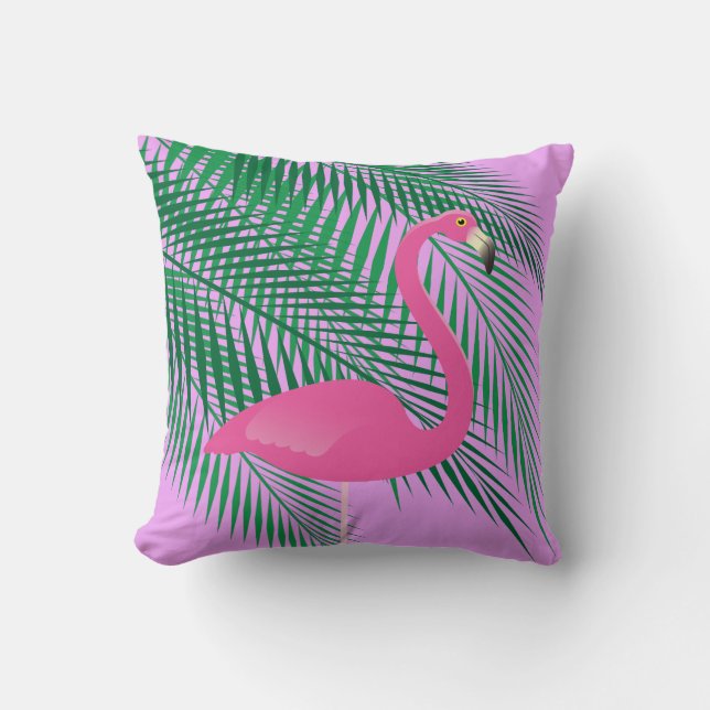 Tropical Pink Flamingo and Palm Leaves on Purple Throw Pillow (Front)