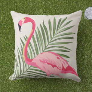 Tropical Pink Flamingo and Palm Leaves Outdoor Pillow
