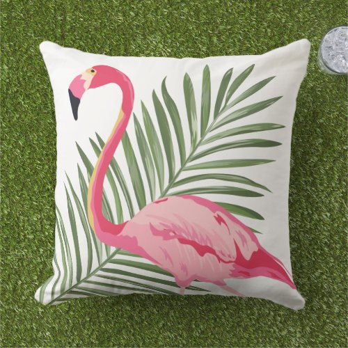 Tropical Pink Flamingo and Palm Leaves Outdoor Pillow