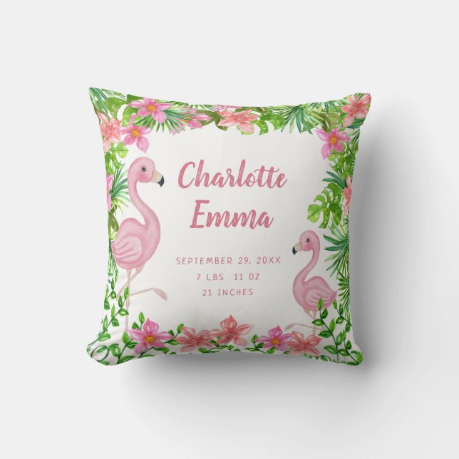 Tropical Pink Flamingo Baby Girl Keepsake Birth Throw Pillow (Front)