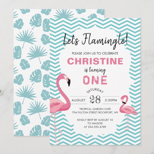 Tropical Pink Flamingo Beach Birthday Invitation (Front/Back)