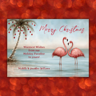 Tropical Pink Flamingo Beach Christmas Holiday Card