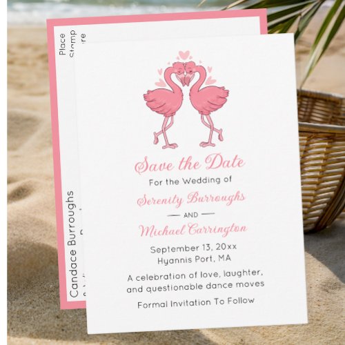Tropical Pink Flamingo Beach Wedding Save the Date