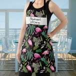 Tropical Pink Flamingo Bird, Add Name, Custom Text Apron<br><div class="desc">A fun tropical apron featuring a pattern of pink flamingos, tropical palm leaves and two lines of custom text, Add a person's name, business name or delete the text and rectangle and just have the pattern. Perfect for cooking and baking in the kitchen, gardening, crafts - makes a wonderful birthday,...</div>