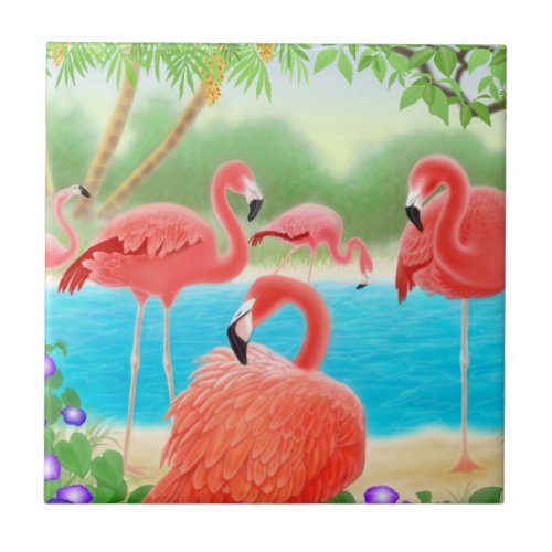 Tropical Pink Flamingo Birds Tile