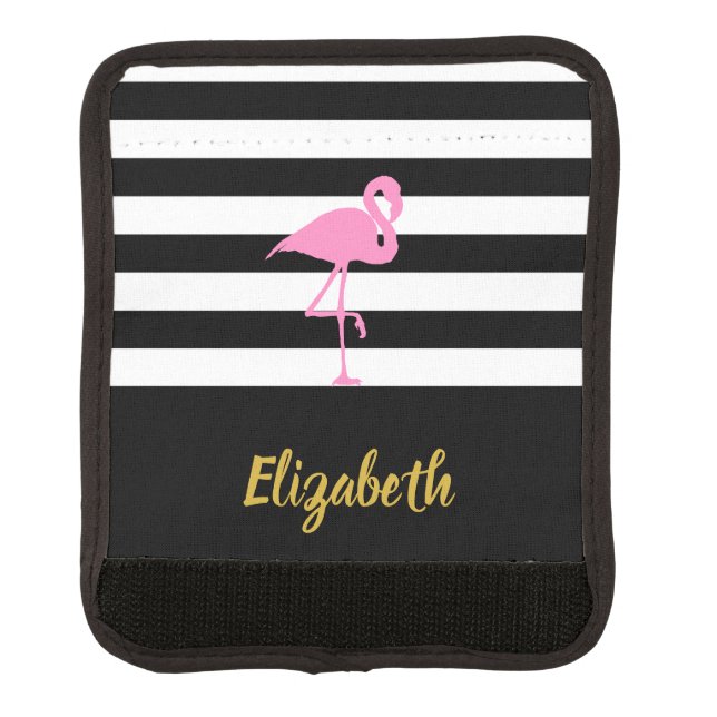 Tropical Pink Flamingo & Black and White Stripes Luggage Handle Wrap (Front)