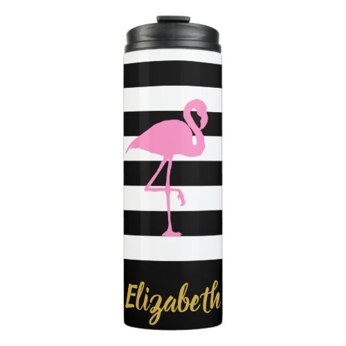 Tropical Pink Flamingo  Black and White Stripes Thermal Tumbler