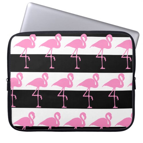 Tropical Pink Flamingo Black  White Stripes  Laptop Sleeve
