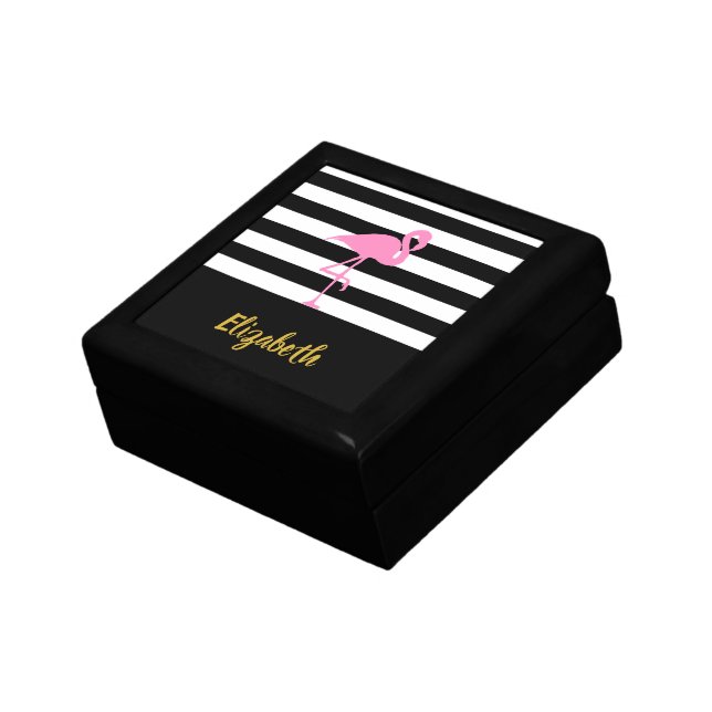 Tropical Pink Flamingo Black & White Stripes Name Gift Box (Side)