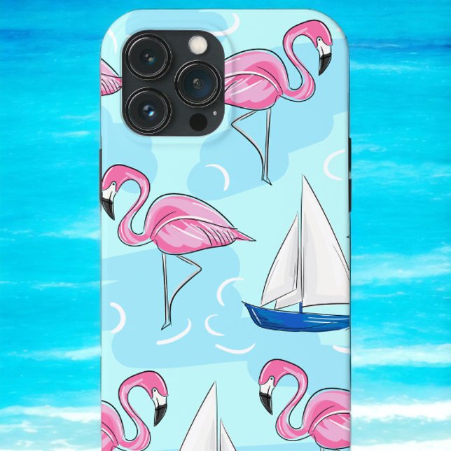 Tropical Pink Flamingo Blue Sailboat Preppy Case-Mate iPhone Case (Creator Uploaded)