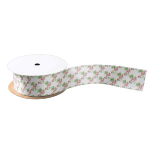 Tropical Pink Flamingo Blue Santa Hat Christmas Satin Ribbon
