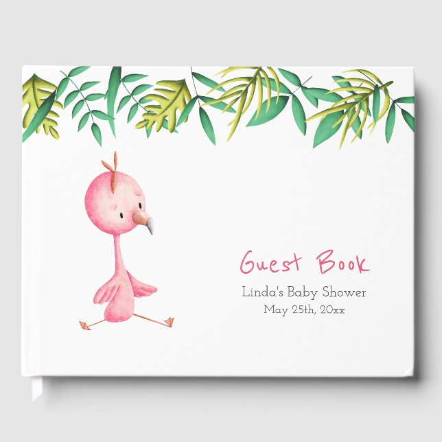 Tropical Pink Flamingo Botanical Baby Shower Guest Book (Front)