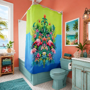 Tropical Pink Flamingo Botanical Coastal Shower Curtain