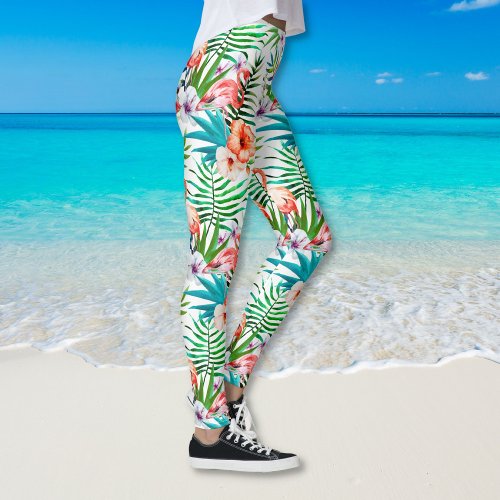 Tropical Pink Flamingo Botanical Fun Trendy Chic Leggings