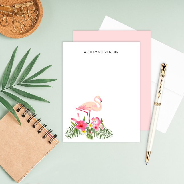 Tropical Pink Flamingo Bouquet Monogram Note Card (Creator Uploaded)