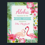 Tropical Pink Flamingo Bridal Shower Welcome Foam Board<br><div class="desc">Wedding bridal shower welcome sign features two pretty pink flamingos with a lush frame of green palm leaves and tropical hibiscus flowers in shades of hot pink, sunshine yellow, and white - perfect for a summer event. Stylish Aloha text with aqua blue banner title can be fully-personalized for your event...</div>