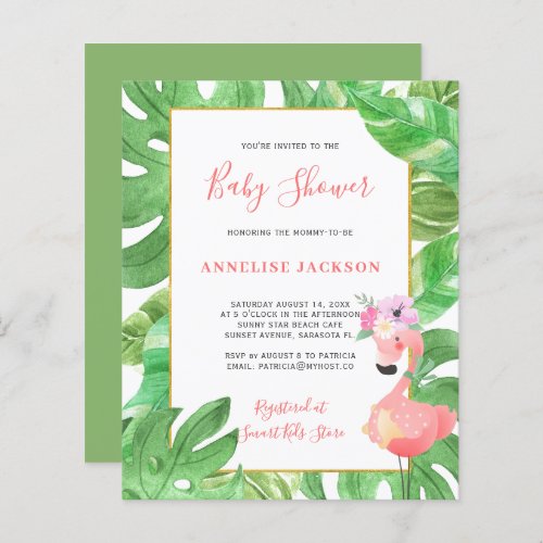 Tropical pink flamingo budget baby shower invite