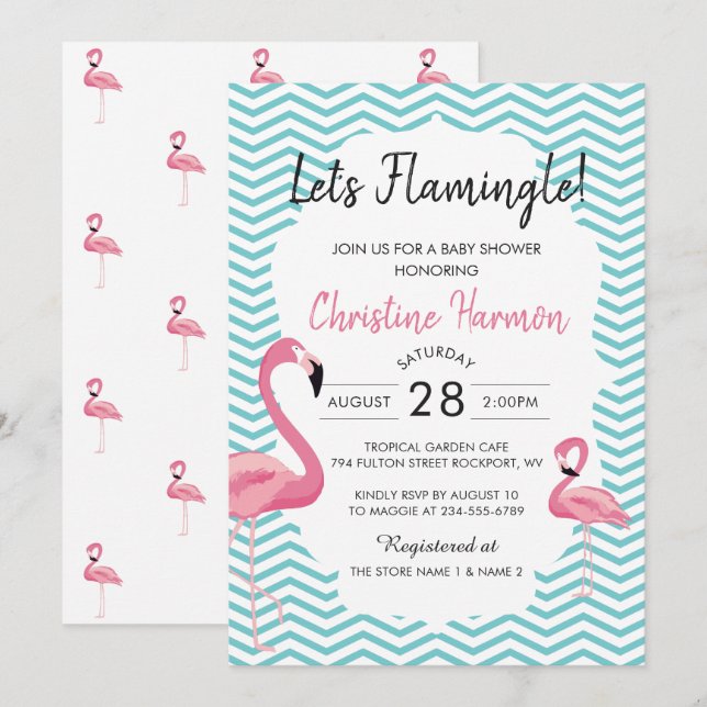 Tropical Pink Flamingo Chevrons Beach Baby Shower Invitation (Front/Back)
