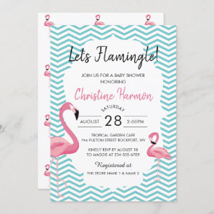 Tropical Pink Flamingo Chevrons Beach Baby Shower Invitation