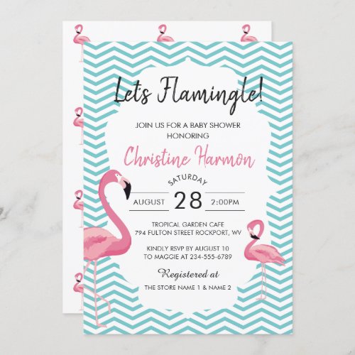 Tropical Pink Flamingo Chevrons Beach Baby Shower Invitation