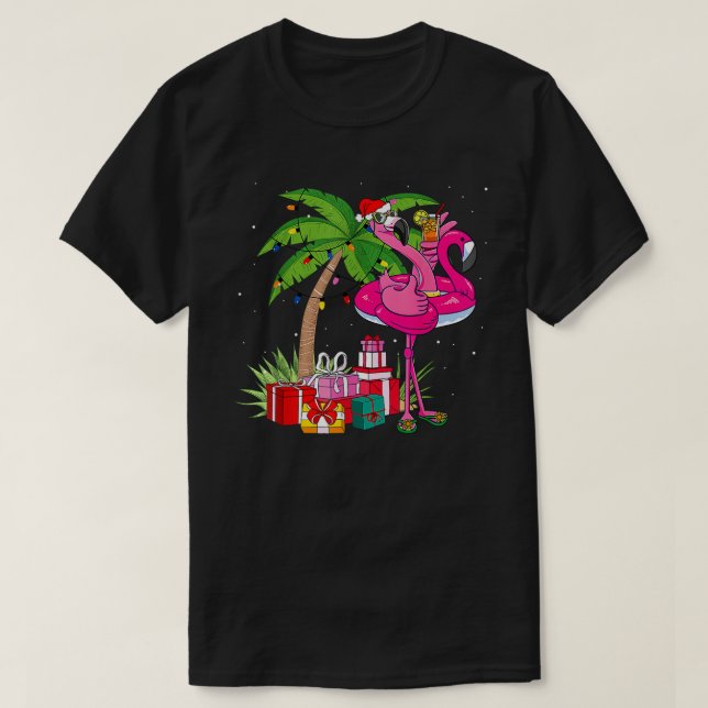Tropical Pink Flamingo Christmas In July Summer T-Shirt (Design Front)
