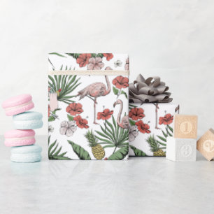 Tropical Pink Flamingo Coral Floral Pattern Wrapping Paper