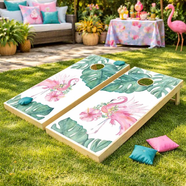 Tropical Pink Flamingo Cornhole Set (Pink flamingo cornhole set in tropical backyard for Pink Flamingo Day party)