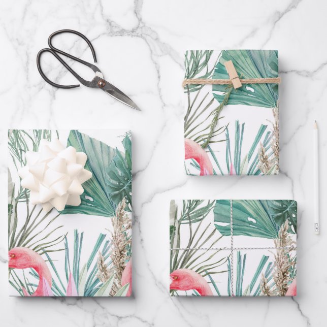 Tropical Pink Flamingo Couple Wedding Wrapping Paper Sheets (Front)