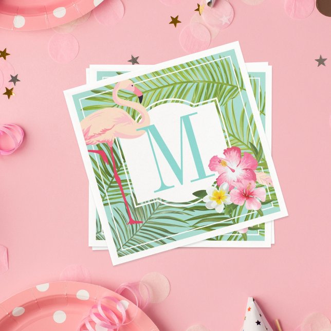 Tropical Pink Flamingo Custom Aqua Monogram Letter Paper Napkins (Creator Uploaded)