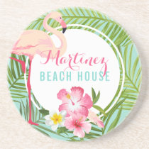 Tropical Pink Flamingo Custom Monogram Beach House Coaster