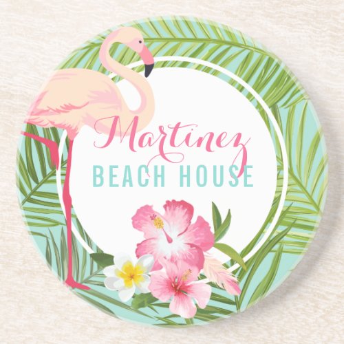 Tropical Pink Flamingo Custom Monogram Beach House Coaster