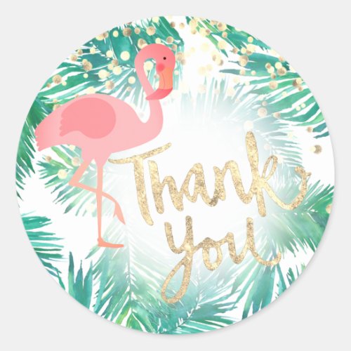 tropical pink flamingo faux gold foil thank you classic round sticker