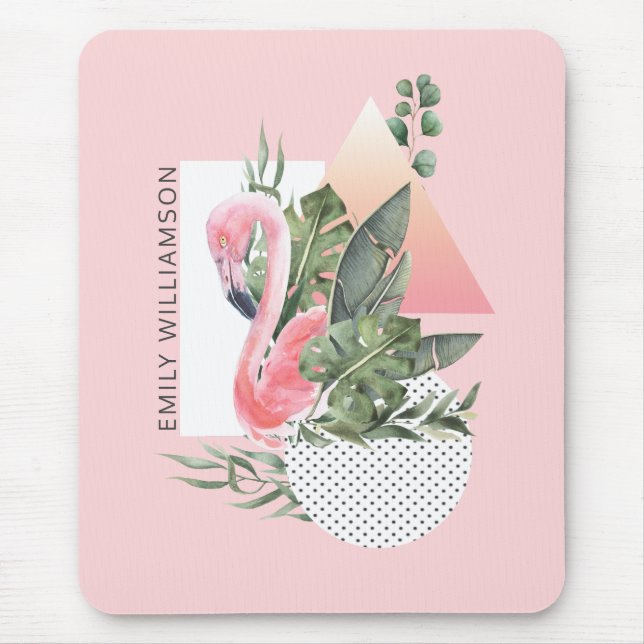 Tropical Pink Flamingo Feminine Collage with Name Mouse Pad (Front)