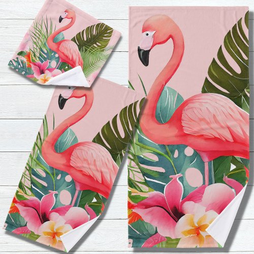 Tropical Pink Flamingo Floral  Bath Towel Set