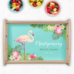 Tropical Pink Flamingo Floral Beach House Monogram Serving Tray