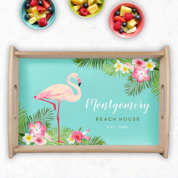 Tropical Pink Flamingo Floral Beach House Monogram Serving Tray by Plush_Paper at Zazzle